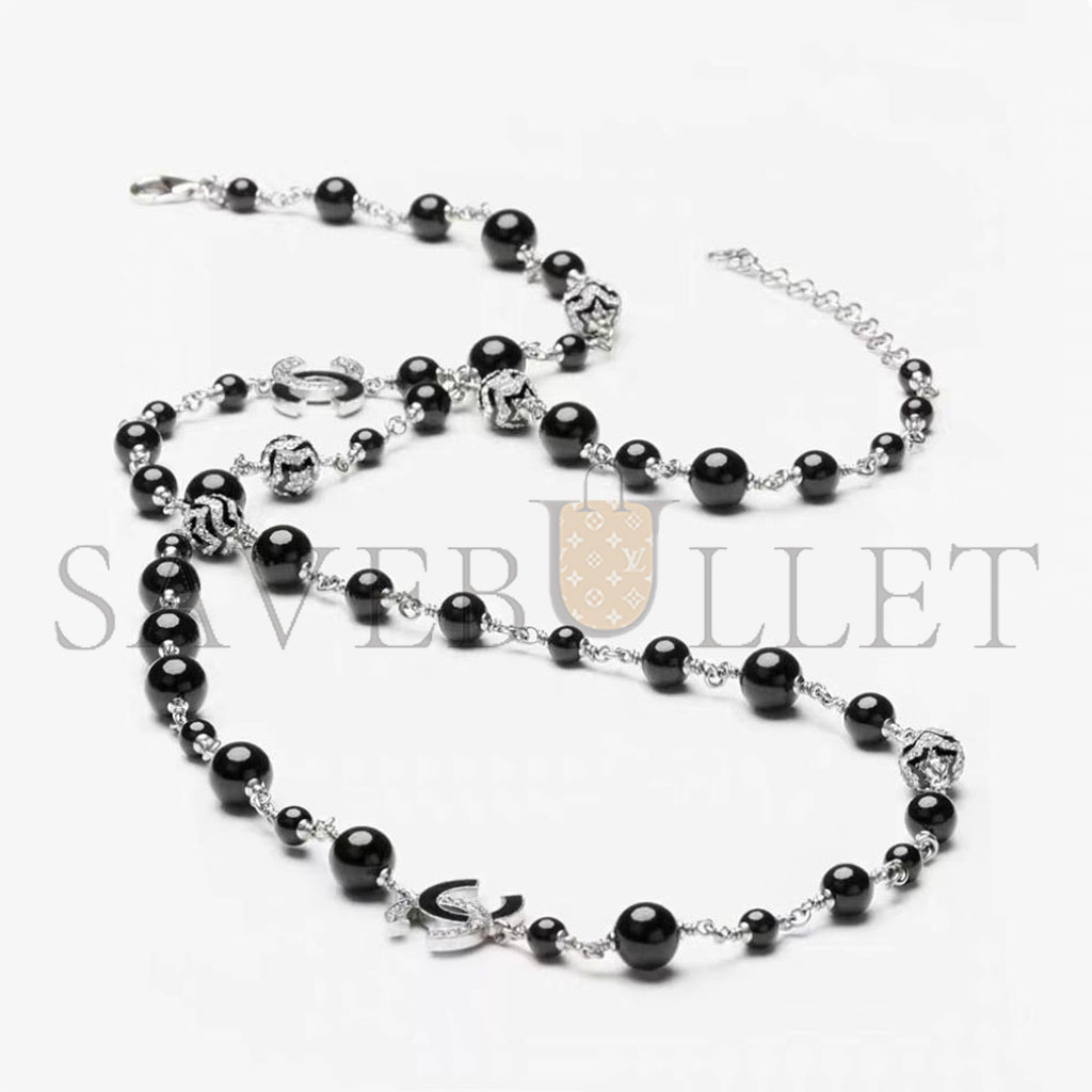 Ch*el black and white cc logo faux pearl long necklace j89703